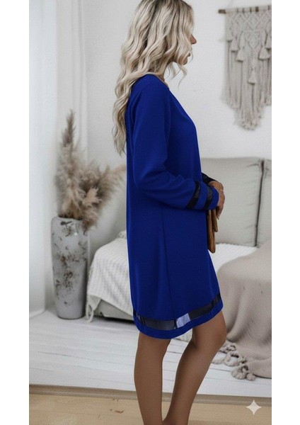 Kadın Uzun Kollu V Yakalı Tül Şerit Detaylı Mini Krep Elbise fiyatları