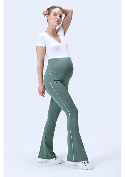 Imaj 437 Yeşil Renk Toparlayıcı ve Extra Esnek Etkili Yüksek Bel Ispanyol Paça Hamile Tayt