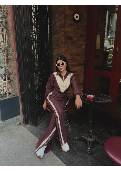 Fermuarlı Şerit Detaylı Deri Cıtcıtlı Takım