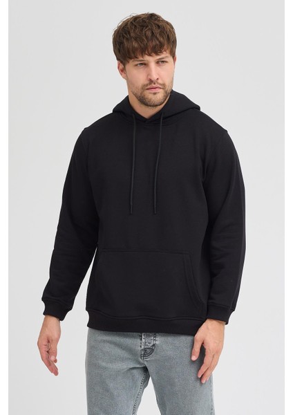 Erkek Siyah Standart Fit Normal Kesim Içi Polarlı 3 Iplik Kapüşonlu Pamuklu Sweatshirt