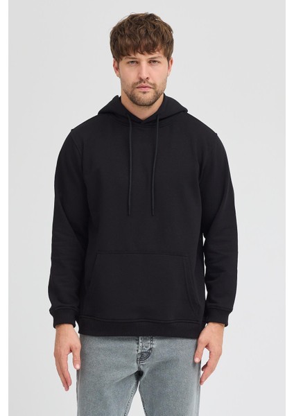Erkek Siyah Standart Fit Normal Kesim Içi Polarlı 3 Iplik Kapüşonlu Pamuklu Sweatshirt fiyatları