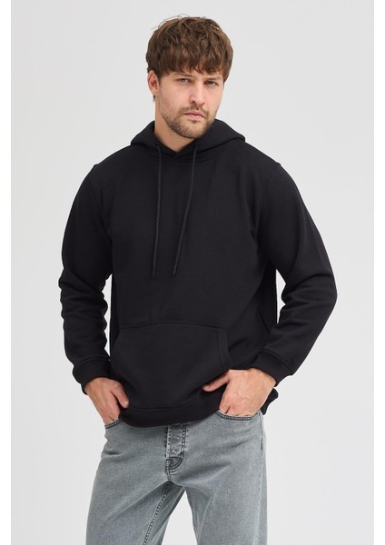 Erkek Siyah Standart Fit Normal Kesim Içi Polarlı 3 Iplik Kapüşonlu Pamuklu Sweatshirt modelleri