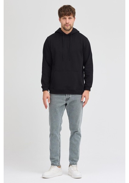 Erkek Siyah Standart Fit Normal Kesim Içi Polarlı 3 Iplik Kapüşonlu Pamuklu Sweatshirt indirimleri