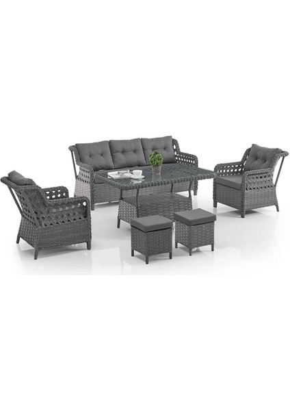 Rattan Alfa Bahçe Mobilyası 3+1+1+1+1+Camlı Masa