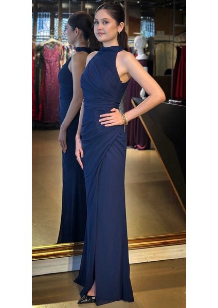 Lacivert Halter Yaka Yırtmaçlı Düz Kesim Likralı Tül Uzun Abiye Elbise 11084-09 fiyatları