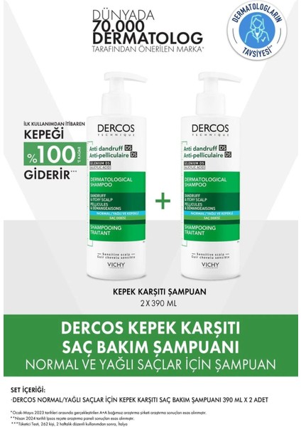 Dercos Anti-Dandruff Normal ve Yağlı Saçlar Için Kepeğe Karşı Etkili Bakım Şampuanı 390 ml X2