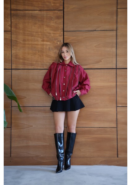 Kadın Bordo Fermuar Detaylı Kısa Ceket Bomber Gömlek Yaka Baharlık Ceket