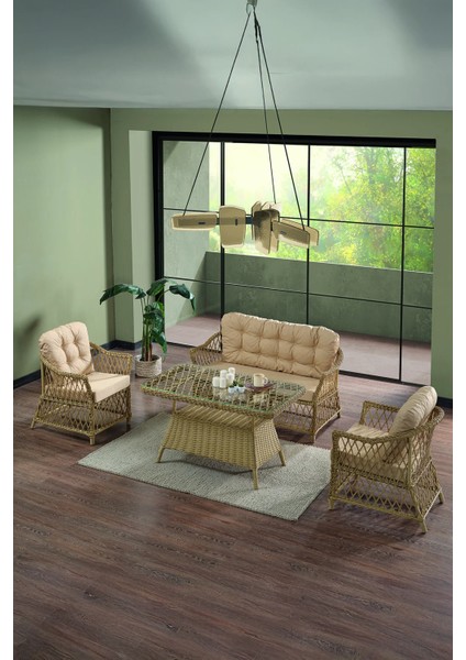 Rattan Icon Bahçe Mobilyası 2+1+1+Camlı Masa
