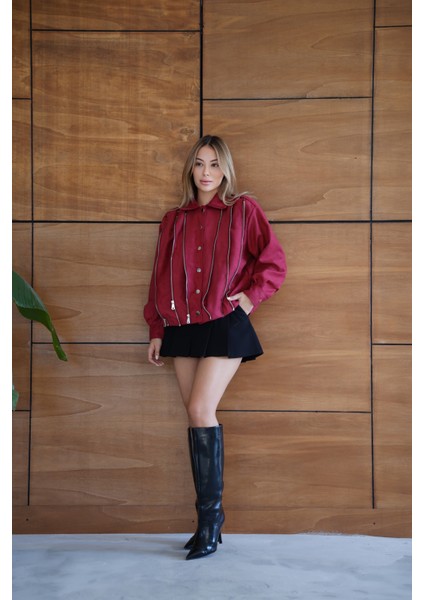 Kadın Bordo Fermuar Detaylı Kısa Ceket Bomber Gömlek Yaka Baharlık Ceket fiyatları