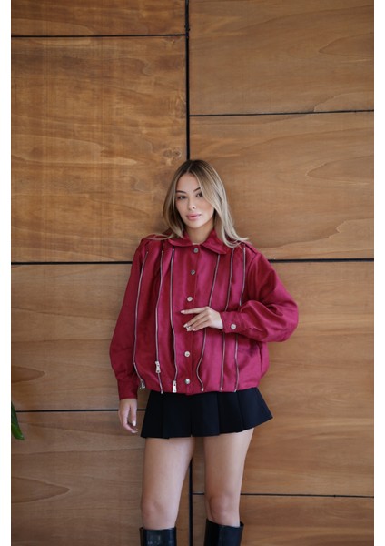 Kadın Bordo Fermuar Detaylı Kısa Ceket Bomber Gömlek Yaka Baharlık Ceket modelleri