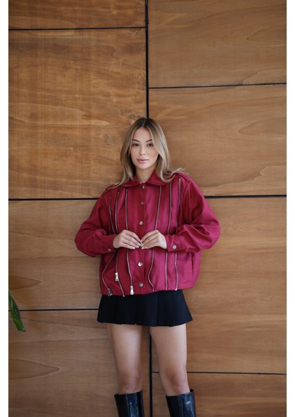 Kadın Bordo Fermuar Detaylı Kısa Ceket Bomber Gömlek Yaka Baharlık Ceket fırsatları
