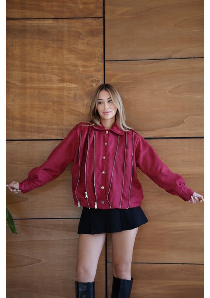 Kadın Bordo Fermuar Detaylı Kısa Ceket Bomber Gömlek Yaka Baharlık Ceket indirimleri