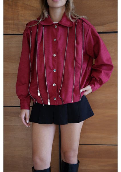 Kadın Bordo Fermuar Detaylı Kısa Ceket Bomber Gömlek Yaka Baharlık Ceket
