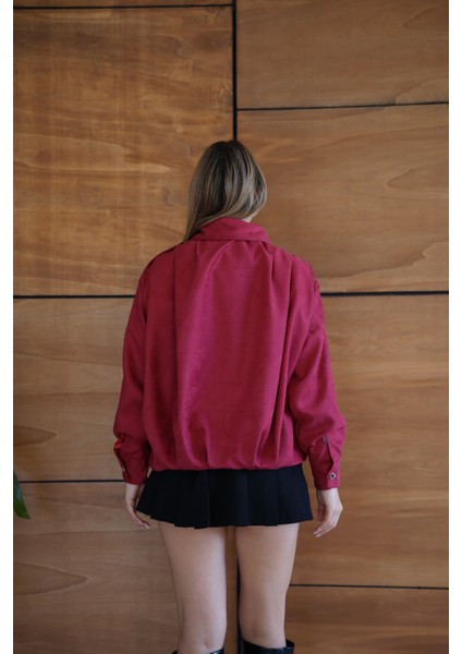 Kadın Bordo Fermuar Detaylı Kısa Ceket Bomber Gömlek Yaka Baharlık Ceket