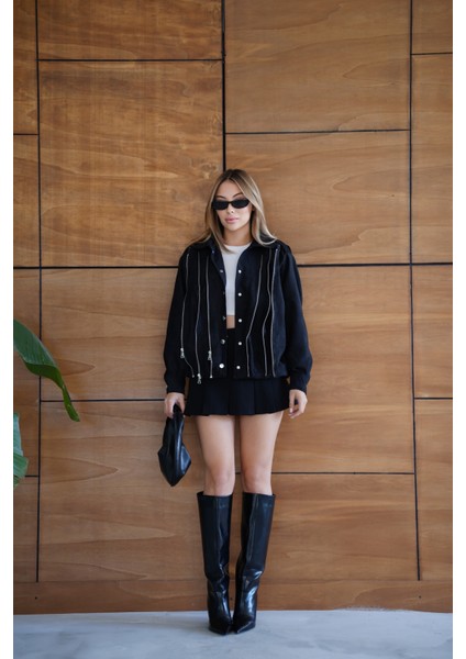 Kadın Bordo Fermuar Detaylı Kısa Ceket Bomber Gömlek Yaka Baharlık Ceket