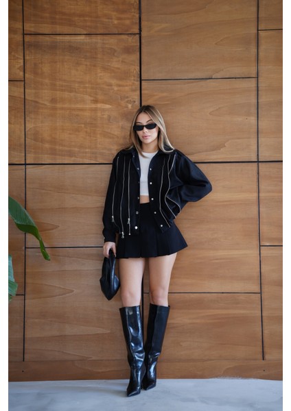 Kadın Bordo Fermuar Detaylı Kısa Ceket Bomber Gömlek Yaka Baharlık Ceket