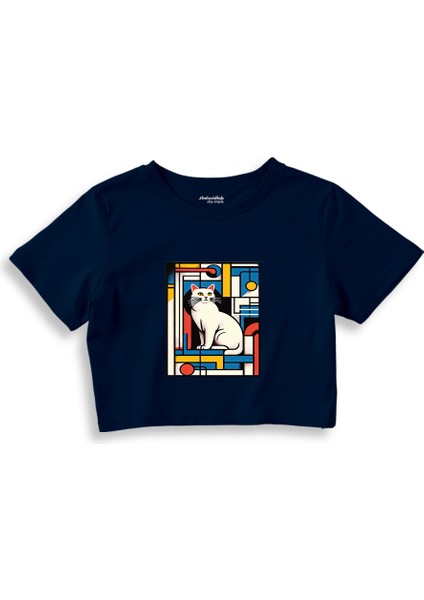 Bauhaus Cat Crop Tişört - Lacivert