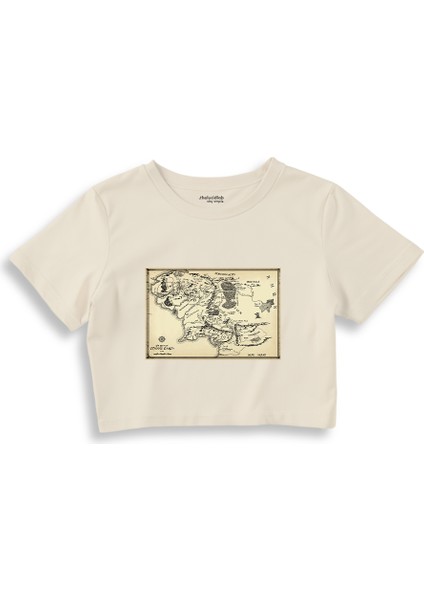 Yüzüklerin Efendisi Orta Dünya Haritası - Lord Of The Rings Crop Tişört - Ekru