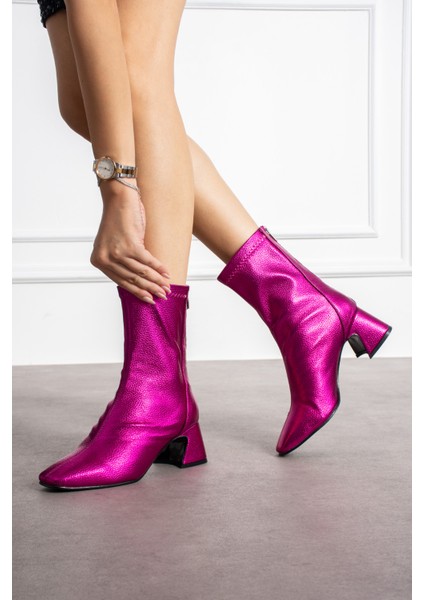 Alvaro Fuşya Renkli Baskı Desenli Streç Kadın Kalın Topuklu Bot