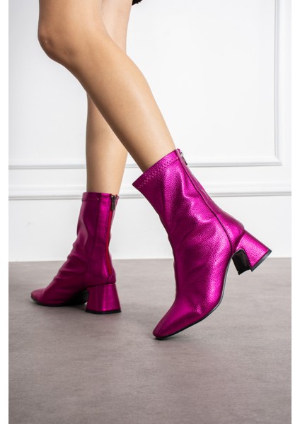 Alvaro Fuşya Renkli Baskı Desenli Streç Kadın Kalın Topuklu Bot fiyatları