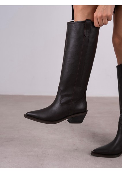 Emera Kahve Hakiki Deri Kadın Çizme