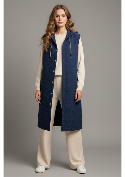 Düğme Detaylı Kapüşonlu Kapitone Yelek 110CM