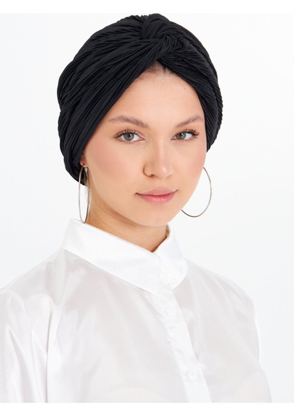 Siyah Çapraz Büzgülü Tesettür Bone Fukuro Piliseli 2512_01