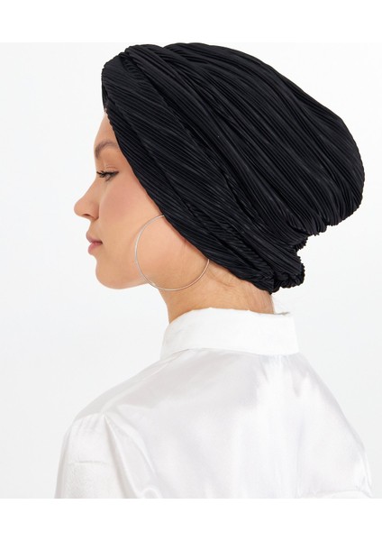 Siyah Çapraz Büzgülü Tesettür Bone Fukuro Piliseli 2512_01