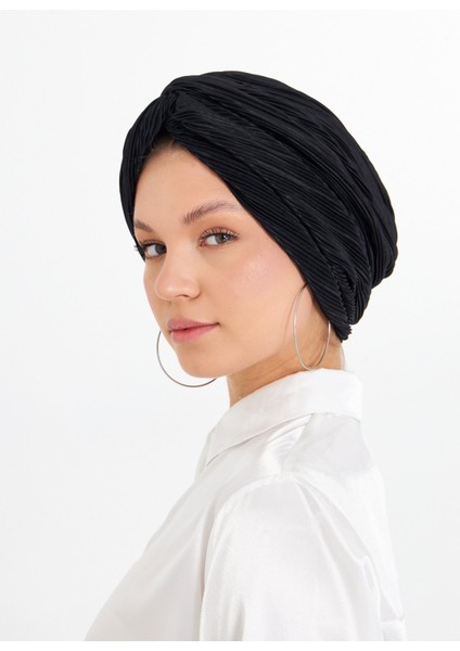 Siyah Çapraz Büzgülü Tesettür Bone Fukuro Piliseli 2512_01