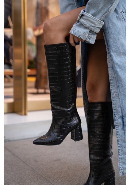 Denver Siyah Renkli Kroko Desenli Kısa Topuklu Kadın