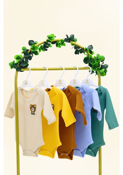 5'li Bebek Çıtçıtlı Uzun Kollu Renkli Smile Desenli Zıbın %100 Organik Pamuk Waffle Kumaş