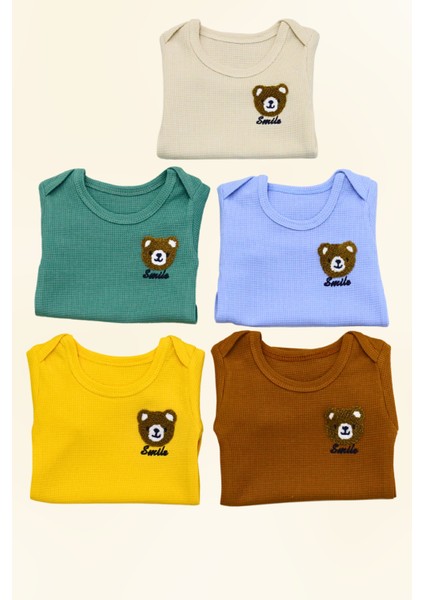 5'li Bebek Çıtçıtlı Uzun Kollu Renkli Smile Desenli Zıbın %100 Organik Pamuk Waffle Kumaş fiyatları