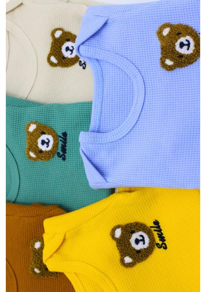 5'li Bebek Çıtçıtlı Uzun Kollu Renkli Smile Desenli Zıbın %100 Organik Pamuk Waffle Kumaş modelleri