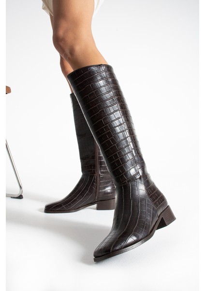 Parker Kahve Renkli Kroko Desenli Kısa Topuklu Kadın Çizme