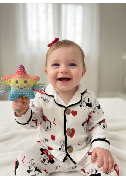 Tuembaby % 100PAMUK Uzun Kollu Mickey Baskılı Kız Bebek Pijama Takımı