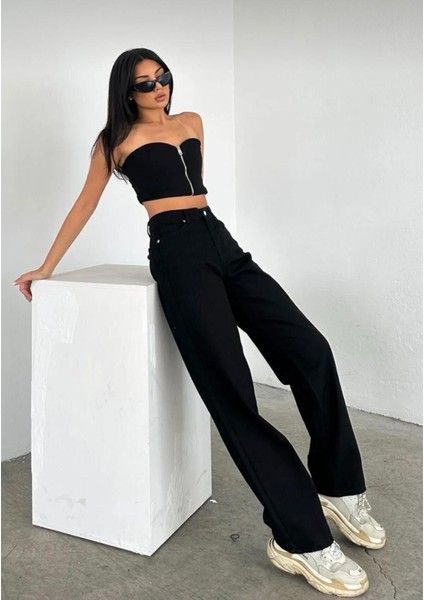 Tommytom Tessa Gold Ikon 90's Siyah Likralı Süper Extra Yüksek Bel Palazzo Salaş Jean ()