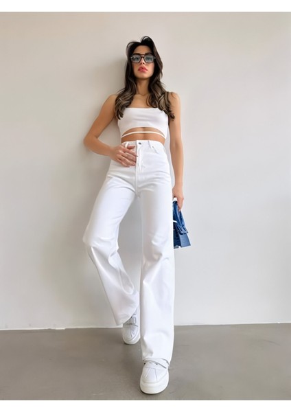 Vintage Icon 90's Aideen Beyaz Likralı Süper Extra Yüksek Bel Palazzo Salaş Jean Denim Pant.