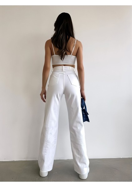 Vintage Icon 90's Aideen Beyaz Likralı Süper Extra Yüksek Bel Palazzo Salaş Jean Denim Pant. fiyatları