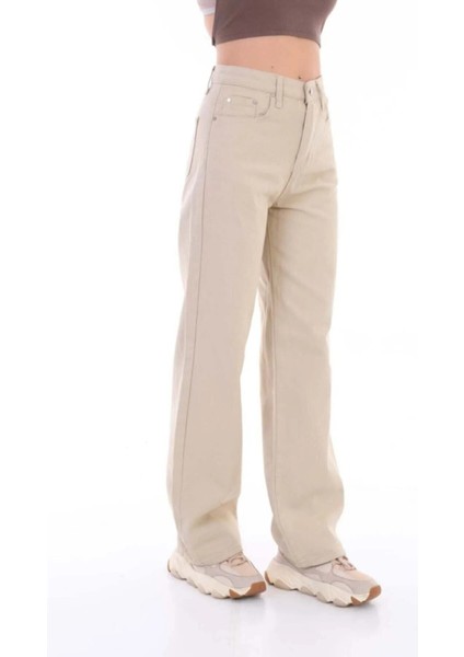 Berlingo Yüksek Bel Salaş Bol Paça Denim Kot Pant. Bej fiyatları