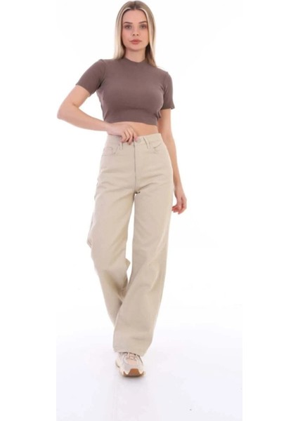 Berlingo Yüksek Bel Salaş Bol Paça Denim Kot Pant. Bej fırsatları