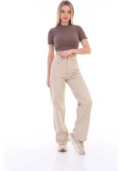 Berlingo Yüksek Bel Salaş Bol Paça Denim Kot Pant. Bej indirimleri