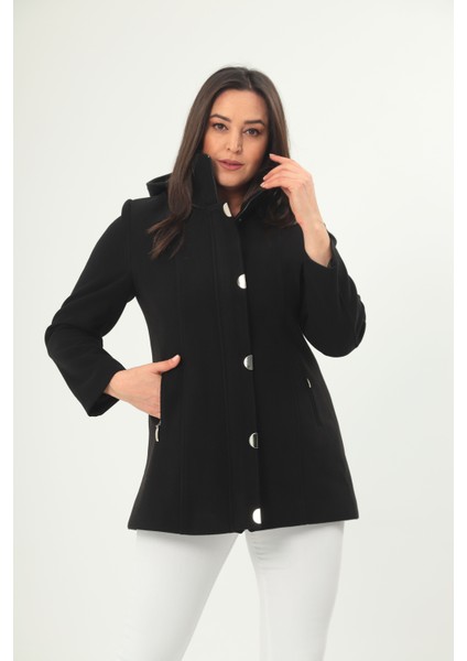 Kapüşonlu Cepli Kaşe Kaban Çıtçıtlı Büyük Beden