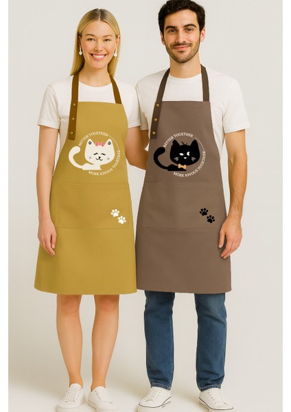 Kumaş Mutfak Önlüğü Seti 2'li Leke Tutmaz Su Itici %65 Pamuk %35 Polyester Siyah Kedi - Beyaz Kedi Önlük