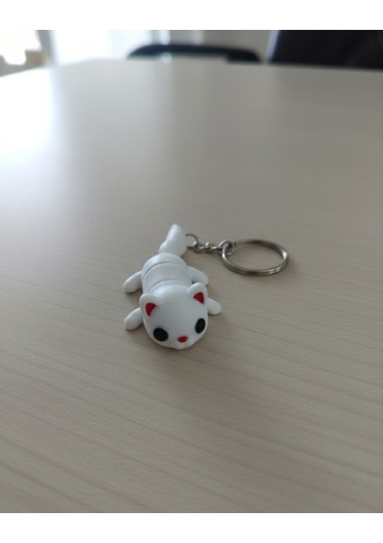 Sevimli Beyaz Yavru Kedi 3D Baskı Anahtarlık - Hareketli Eklemler!