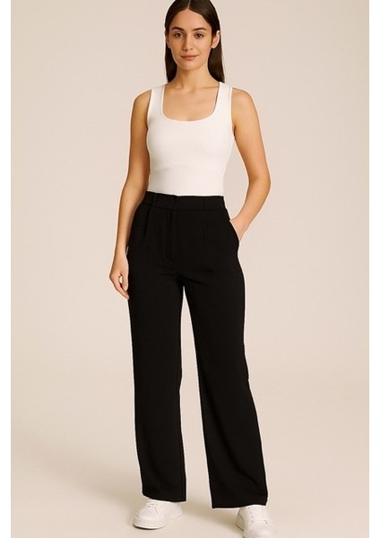 Kadın Siyah Yüksek Bel Pileli Düğmeli Likralı Esnek Palazzo Pantolon-Dabl Kumaş