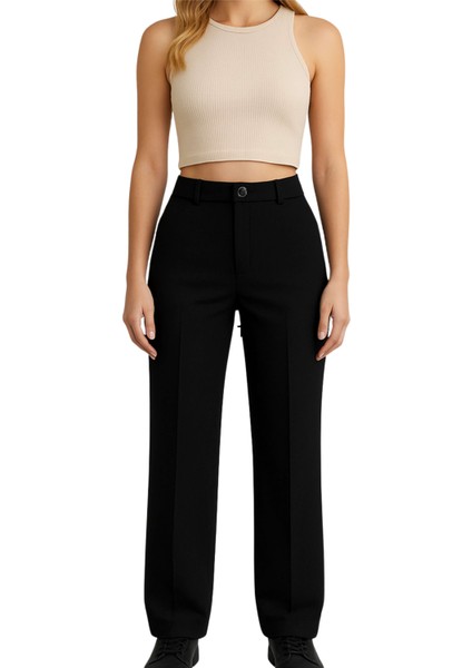 Kadın Siyah Yüksek Bel Pileli Düğmeli Likralı Esnek Palazzo Pantolon-Dabl Kumaş modelleri