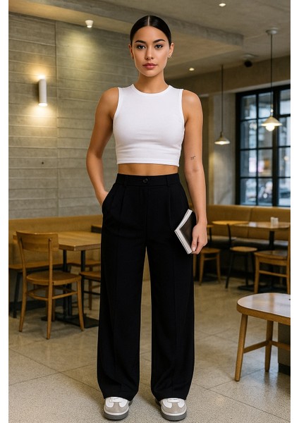 Kadın Siyah Palazzo Kumaş Pantolon-Yeni Sezon Yüksek Bel fırsatları