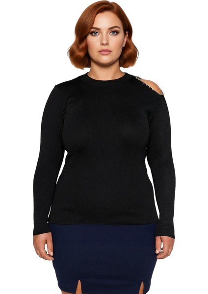 Kadın Büyük Beden Polyester Triko Bluz Dik Yaka Taşlı Detaylı Uzun Kollu Bodycon Şık Gece