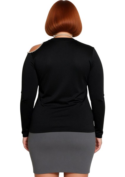 Kadın Büyük Beden Polyester Triko Bluz Dik Yaka Taşlı Detaylı Uzun Kollu Bodycon Şık Gece fiyatları