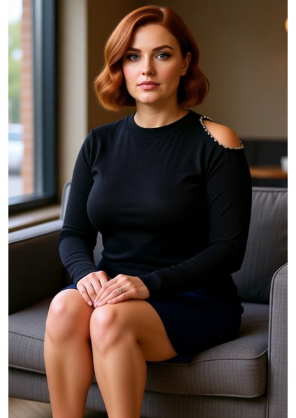 Kadın Büyük Beden Polyester Triko Bluz Dik Yaka Taşlı Detaylı Uzun Kollu Bodycon Şık Gece fırsatları